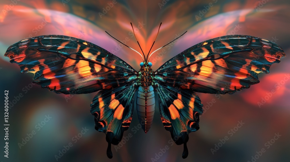 Poster a surreal ai-generated mistake where a butterfly has multiple wings layered over itself in a kaleido