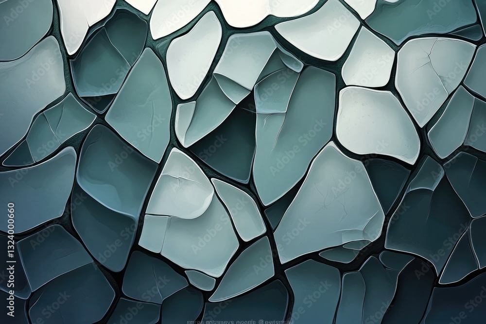 Poster abstract artwork depicting a mosaic of teal and white fractured shapes, creating a visually intrigui