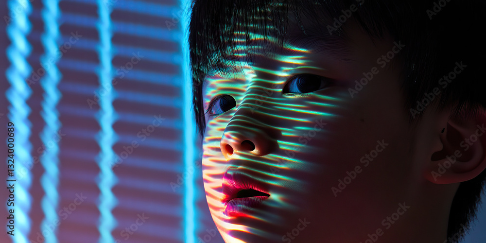 Aufkleber child's face with projected lines and blurred window blind background