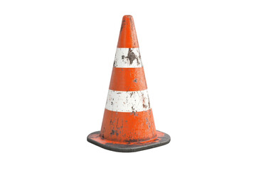 A weathered orange traffic cone rests on a clean white surface, showcasing urban wear and tear isolated on transparent background