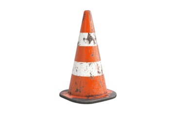 A weathered orange traffic cone rests on a clean white surface, showcasing urban wear and tear isolated on transparent background
