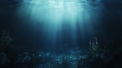 Deep underwater scene with glowing light rays