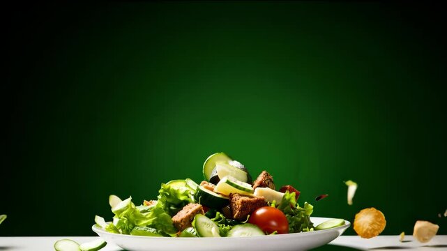 Dynamic fresh salad explosion with flying ingredients, including cucumbers, cherry tomatoes, feta cheese, and croutons, captured in mid-air against a vibrant green background.


