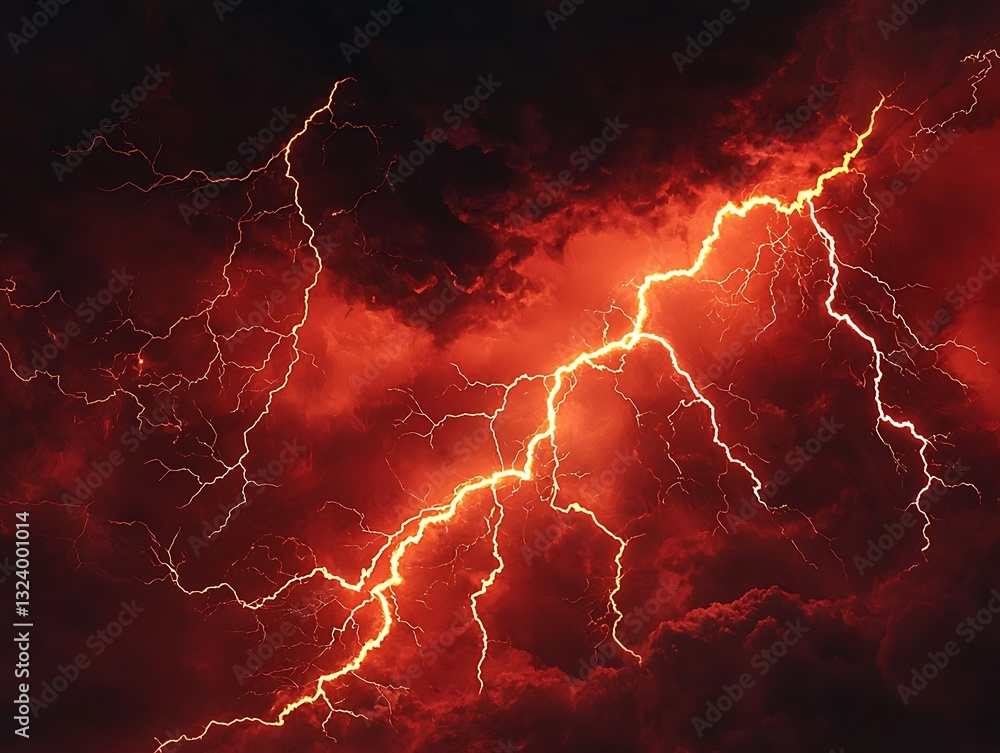 Poster a dramatic lightning storm illuminates dark red clouds, creating an intense and powerful atmospheric