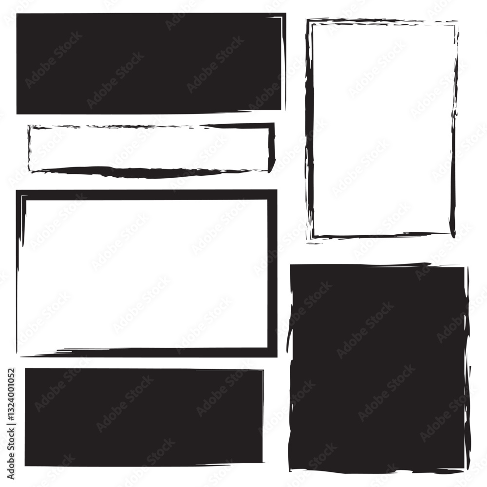 Poster six distressed frames. black border design. horizontal and vertical. vector shapes.