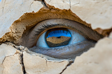 Naklejka premium Close-Up of Eye Emerging from Cracked Dry Soil with Reflection