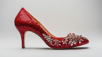 Obraz premium A pair of classic red high-heeled shoes, adorned with delicate embellishments, stood gracefully isolated against a pristine white background, ready to elevate any evening ensemble.