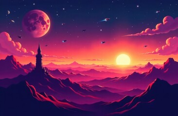 Fototapeta premium Nuclear missiles launch during a dramatic sunset over mountainous terrain