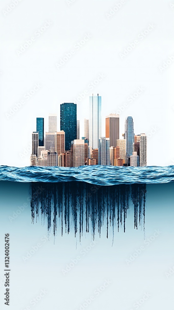 Poster a surreal cityscape partially submerged in water, blending urban architecture with oceanic elements,