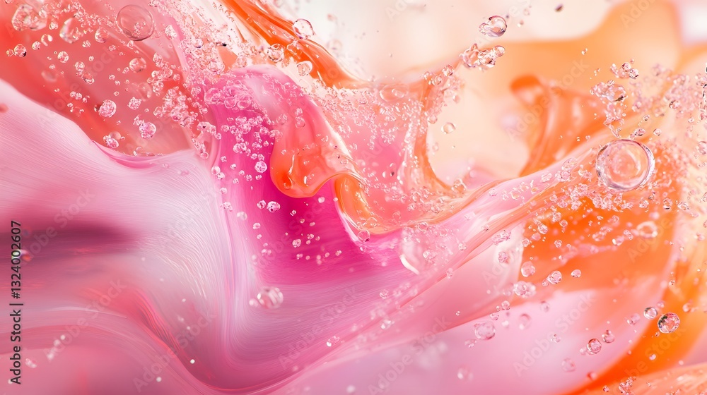 Poster a dynamic macro shot of vibrant pink and orange paint swirling together, creating an abstract and ar