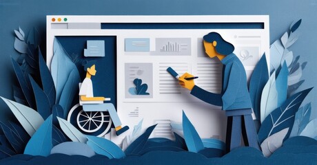 Paper cutout of designer adding accessibility features to website deep navy and muted silver symbolizing inclusive ux design