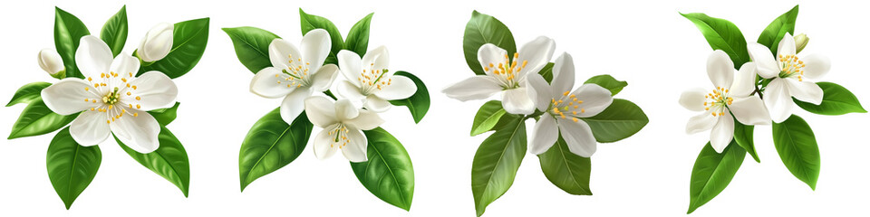 set of White lemon flowers with green leaves, white lemon flowers and green leaves, white lemon flowers surrounded by green leaves, white flowers, green leaves, on a transparent backgrounds