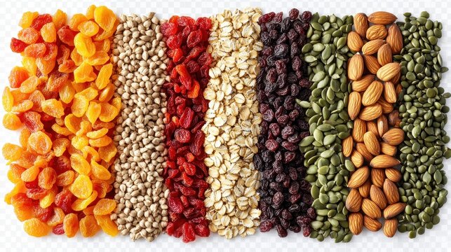 A vibrant tapestry of seeds, dried fruits, nuts, and oats, a testament to nature s bounty, lay isolated against a transparent background, ready to be incorporated into any culinary creation or
