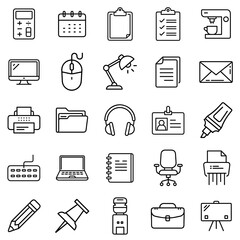 Fototapeta premium Office and business icon set. Containing calculator, briefcase, coffee machine, desk lamp, printer, headphones, laptop and office chair. Outline vector symbol collection.