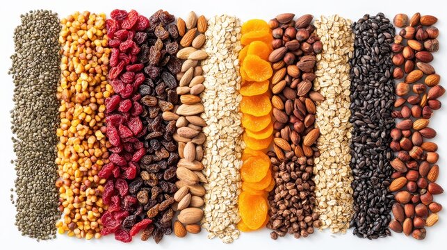 A vibrant tapestry of seeds, dried fruits, nuts, and oats, a testament to nature s bounty, lay isolated against a transparent background, ready to be incorporated into any culinary creation or
