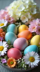 Vibrant Easter Eggs Arranged in a Lush Spring Floral Display with Blooming Hydrangeas, Daisies, and Fresh Greenery for a Festive Atmosphere