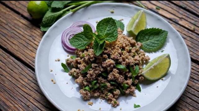 A plate of Thai larb salad made with seasoned minced meat, fresh mint leaves, lime wedges, and red onion, served on a rustic wooden table.


