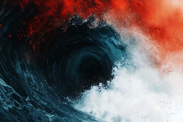 Fototapeta premium A dramatic wave depicted in deep blue and fiery red hues, capturing the dynamic power and beauty of the ocean's force.
