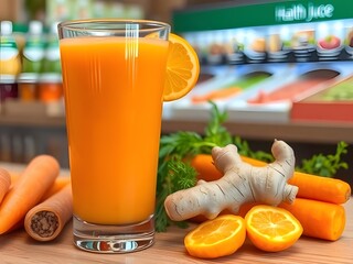 Freshly Made Carrot Orange Juice with Ginger and Ingredients for Healthy Beverage, Smoothie