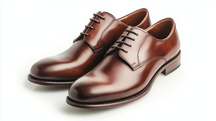 A pair of dark brown leather Derby shoes, their polished sheen catching the light, stood isolated against a pristine white backdrop.