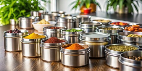 Sleek stainless steel spice containers: Modernize your pantry with minimalist organization.