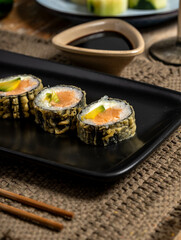 empura-Fried Salmon and Avocado Sushi Roll with Seaweed Wrap