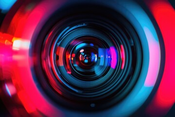Close-up view of a camera lens, vibrant colors highlighting the intricate layers of glass and metal