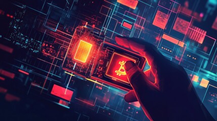 A hand holding a cold storage hardware wallet, surrounded by layers of digital shields and biometric security scans.