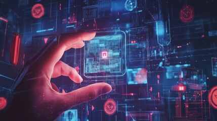 A hand holding a cold storage hardware wallet, surrounded by layers of digital shields and biometric security scans.