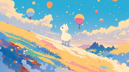 A whimsical landscape with a cat-like creature, colorful balloons, and vibrant skies.