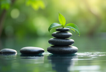 Zen stones or river rocks resting on a surface of still water. Stacked stones in a pyramid structure, with the smallest stones at the top,  larger ones forming the base. Plant with fresh, green leaves