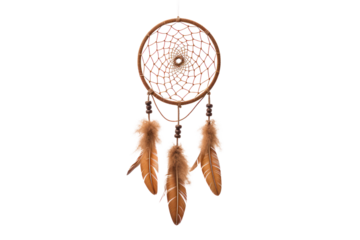 Dream catcher with intricate feather details hanging against a plain white background