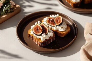 A gourmet dish featuring crispy toast with creamy ricotta, fresh figs, and a drizzle of honey. Warm lighting enhances the inviting and rustic aesthetic. Generative AI.