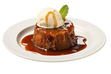 A warm, decadent sticky date pudding topped with a generous scoop of vanilla ice cream drizzled with caramel sauce, isolated on white background