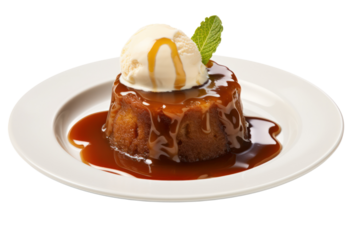 A warm, decadent sticky date pudding topped with a generous scoop of vanilla ice cream drizzled with caramel sauce, isolated on white background