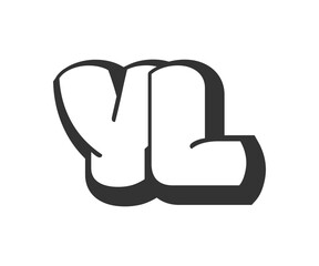 YL logo, bubble comic lettering, rounded in graffiti style black and white silhouette. Trendy preschool Y and L letter text for festival party, personal initials, children funky print and web.