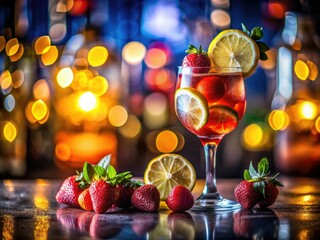 Strawberry lemon cocktail glows, double exposed in a dimly lit bar's hazy ambiance.