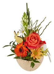 A bouquet of fresh orange roses in an oval vase cut out isolated transparent background