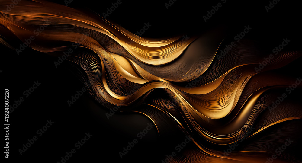 Poster elegant abstract waves flow across a dark backdrop, showcasing a blend of golden and brown hues. smo