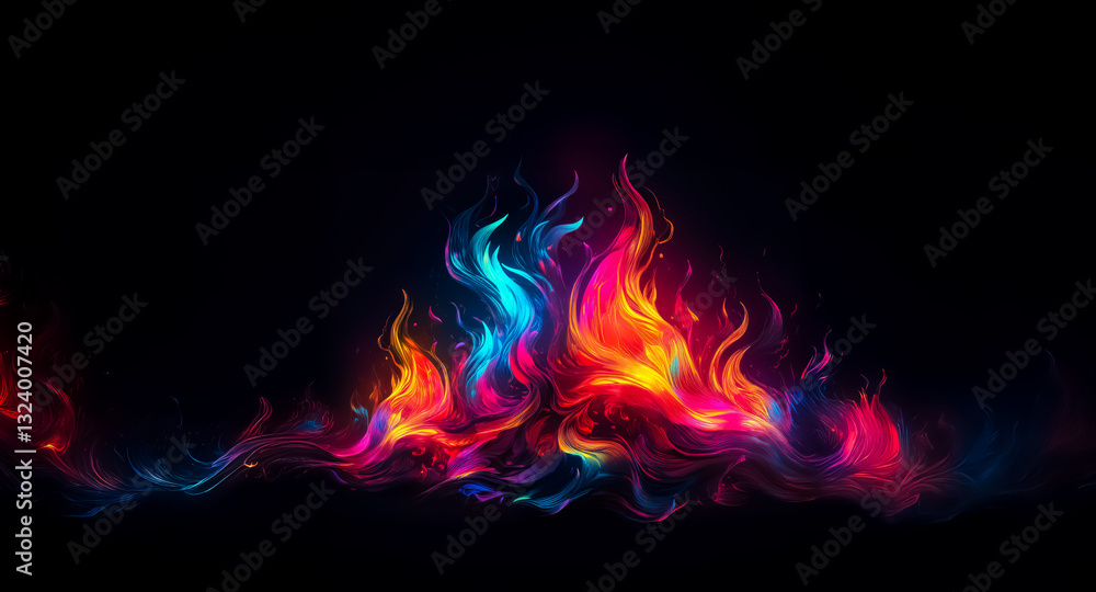 Poster vibrant abstract fire bursts with rainbow hues against a stark black backdrop. colorful flames dance