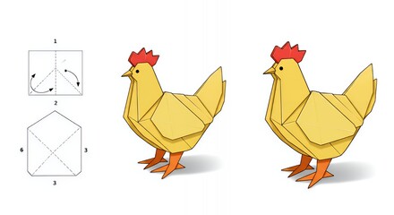 An image showing paper origami chickens with folding instructions