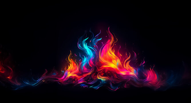 Vibrant abstract fire bursts with rainbow hues against a stark black backdrop. Colorful flames dance dynamically in an artistic display.