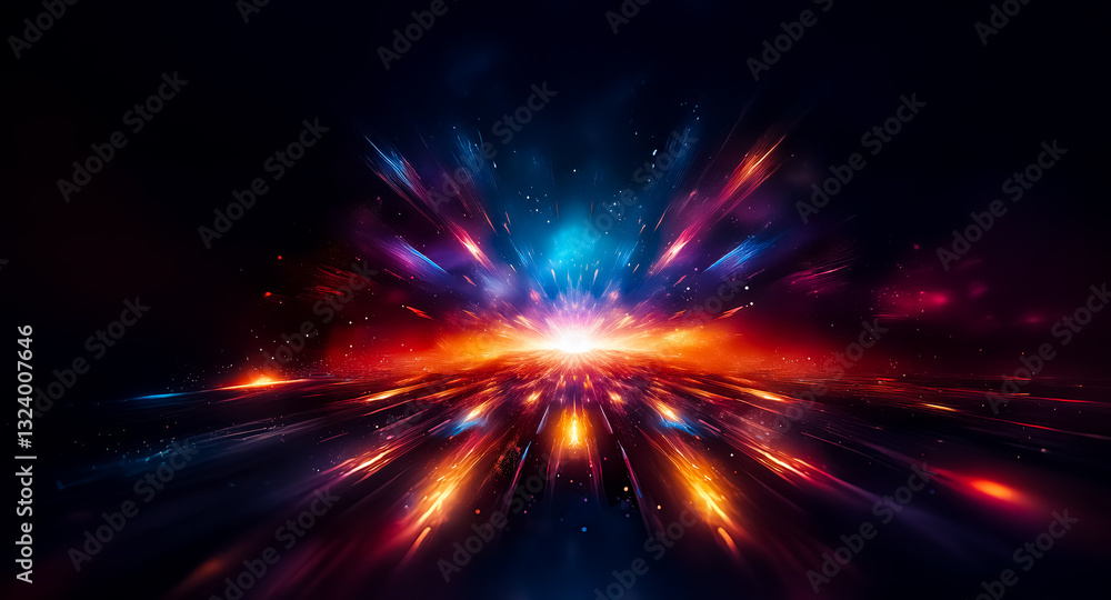 Poster abstract explosion of vibrant light on dark backdrop. dynamic bursts of orange, red, blue, and purpl