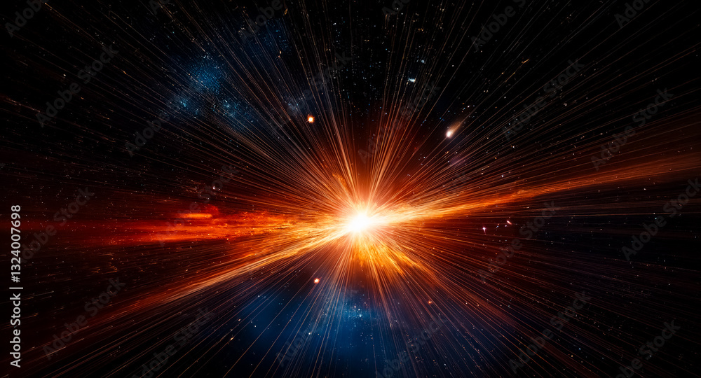Poster a vibrant burst of light explodes outwards in the dark expanse of space, radiating fiery orange and 
