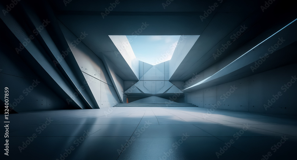 Aufkleber futuristic concrete building with a skylight. empty geometric interior space featuring sharp angles 