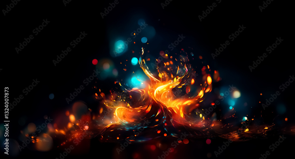 Aufkleber abstract fiery or light burst against a dark backdrop. vibrant orange, yellow, and blue colors creat