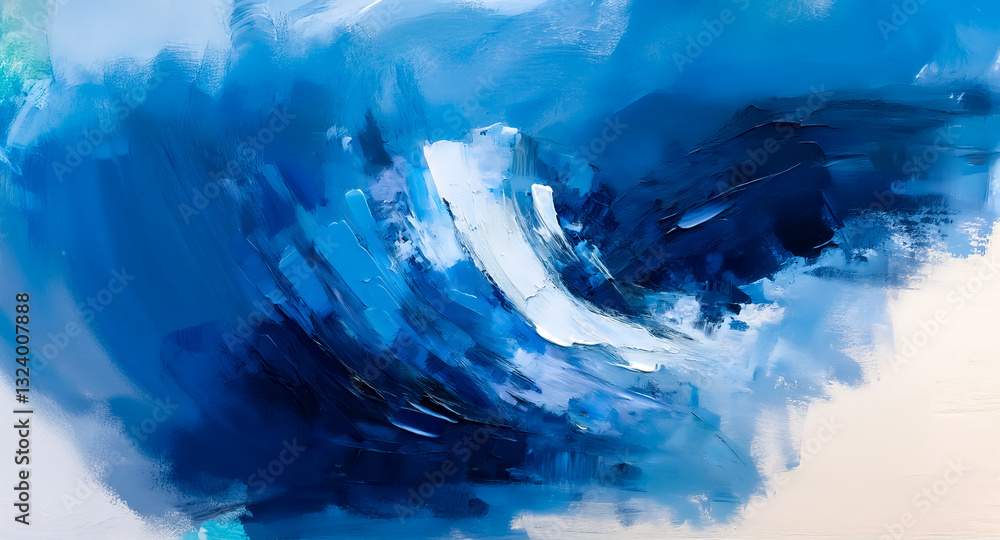 Poster Abstract painting with blue and white colors evokes a sense of ocean waves or fluid motion, created with dynamic brushstrokes and textured paint.