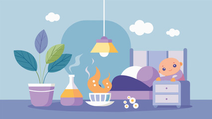 Fototapeta premium As the diffuser releases soothing scents of geranium and bergamot the nursery becomes a tranquil space for both baby and parents promoting a peaceful nights sleep.. Vector illustration