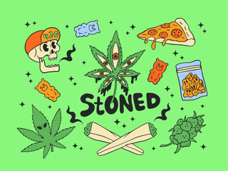 marijuana symbols:  marijuana bump,pizza, joint, red eyes, skull, gummy bears