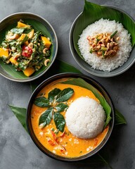 Traditional Thai meal with a bowl of jasmine rice in spicy curry sauce, served with fresh herb salad and a side dish on a banana leaf, presented on a rustic table